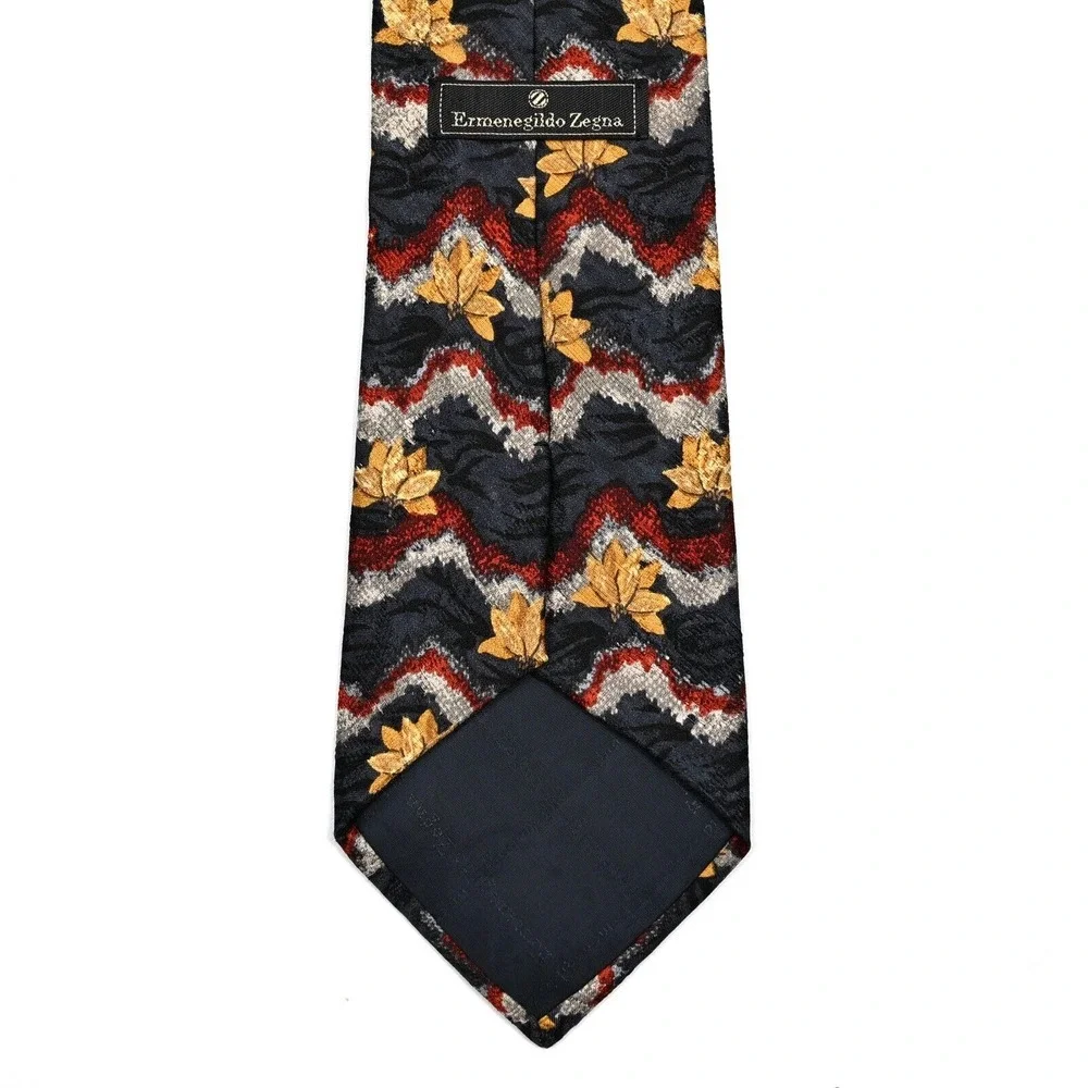 Ermenegildo Zegna Gold Red Gray Floral‎ Geometric 100% Silk Neck Tie Designer